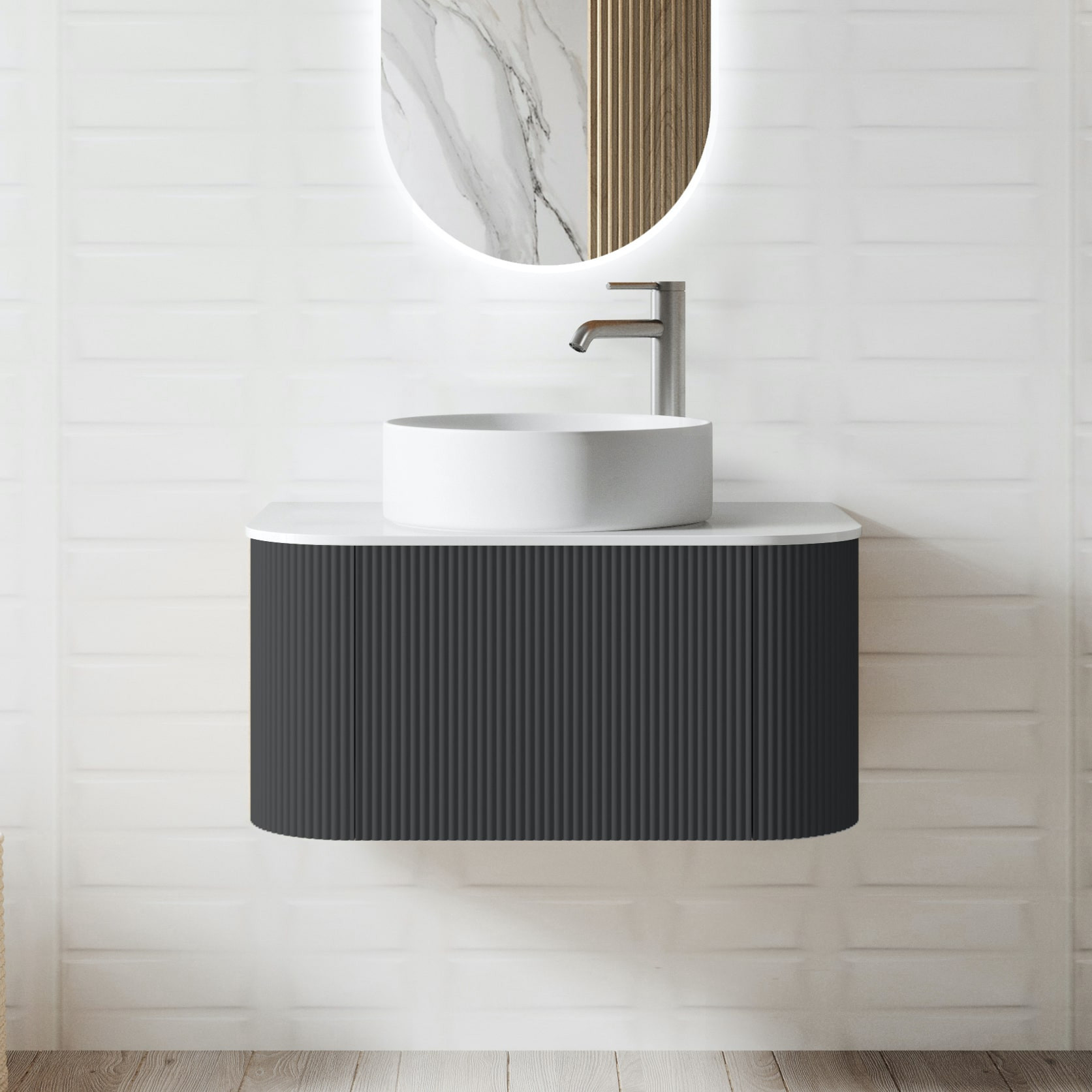 Bali Solid Wood Fluted Anthracite Vanity Without LED Mirror - 600mm|750mm|900mm