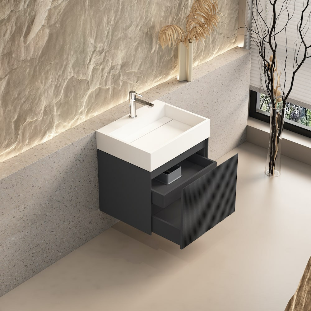 Tuscany Fluted Anthracite Vanity With Inner Drawer and Stone Resin Basin - 600mm