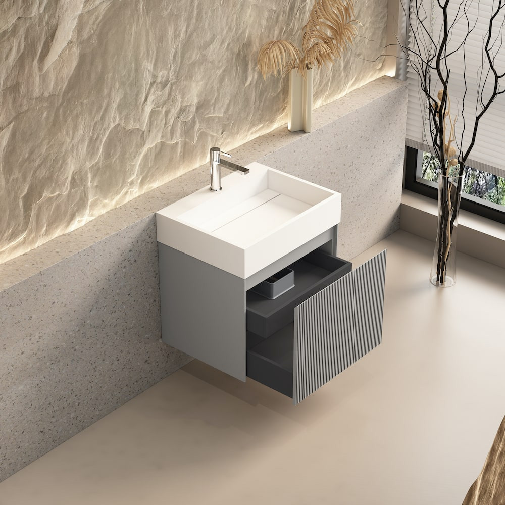 Tuscany Fluted Grey Vanity With Inner Drawer and Stone Resin Basin - 600mm
