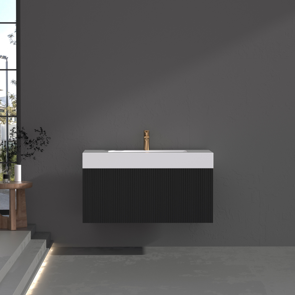 London Matt Black Fluted Bathroom Vanity With Stone Basin - 900mm London Matt Black Fluted Bathroom Vanity With Stone Basin - 900mm