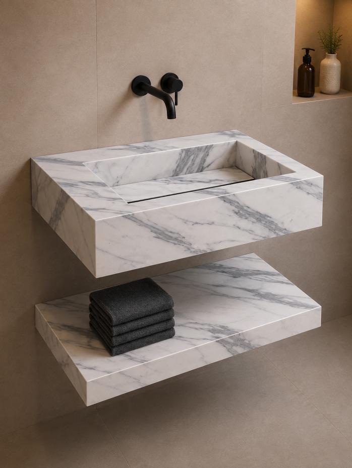 Arabescato marble effect porcelain sink and shelf 600mm
