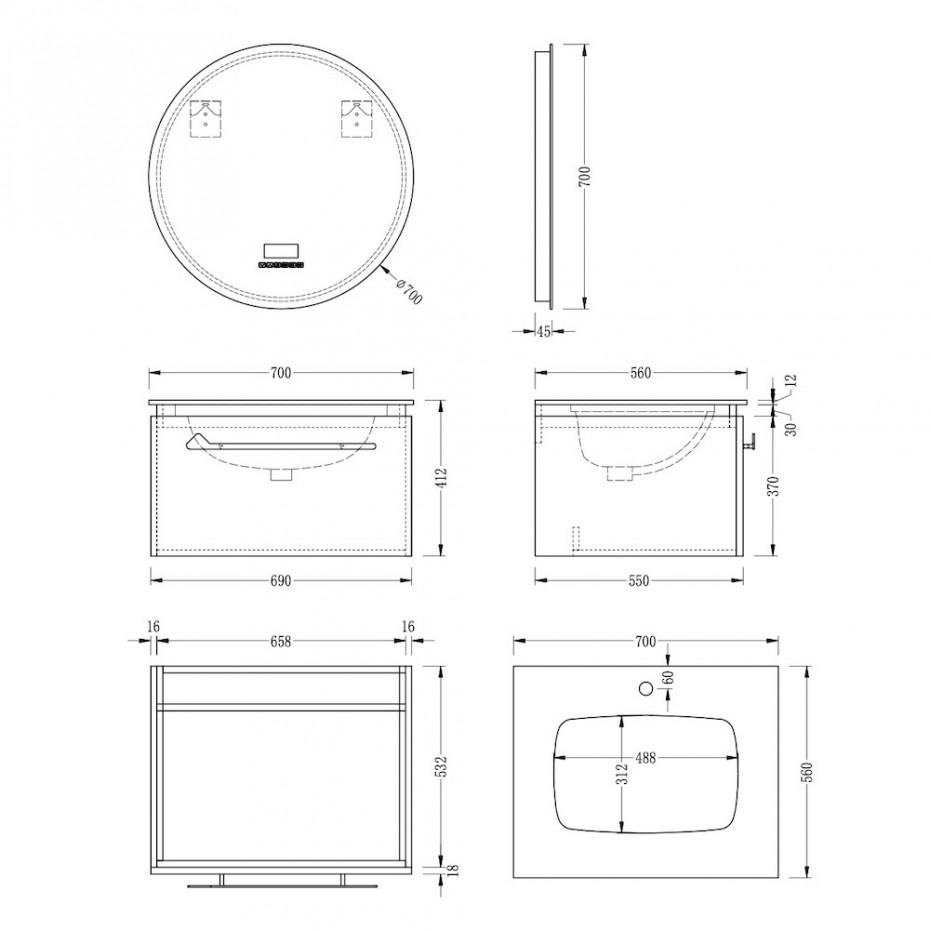 Ibero Modern Wood Vanity With Black Porcelain Top, Gold Shelf - 700mm