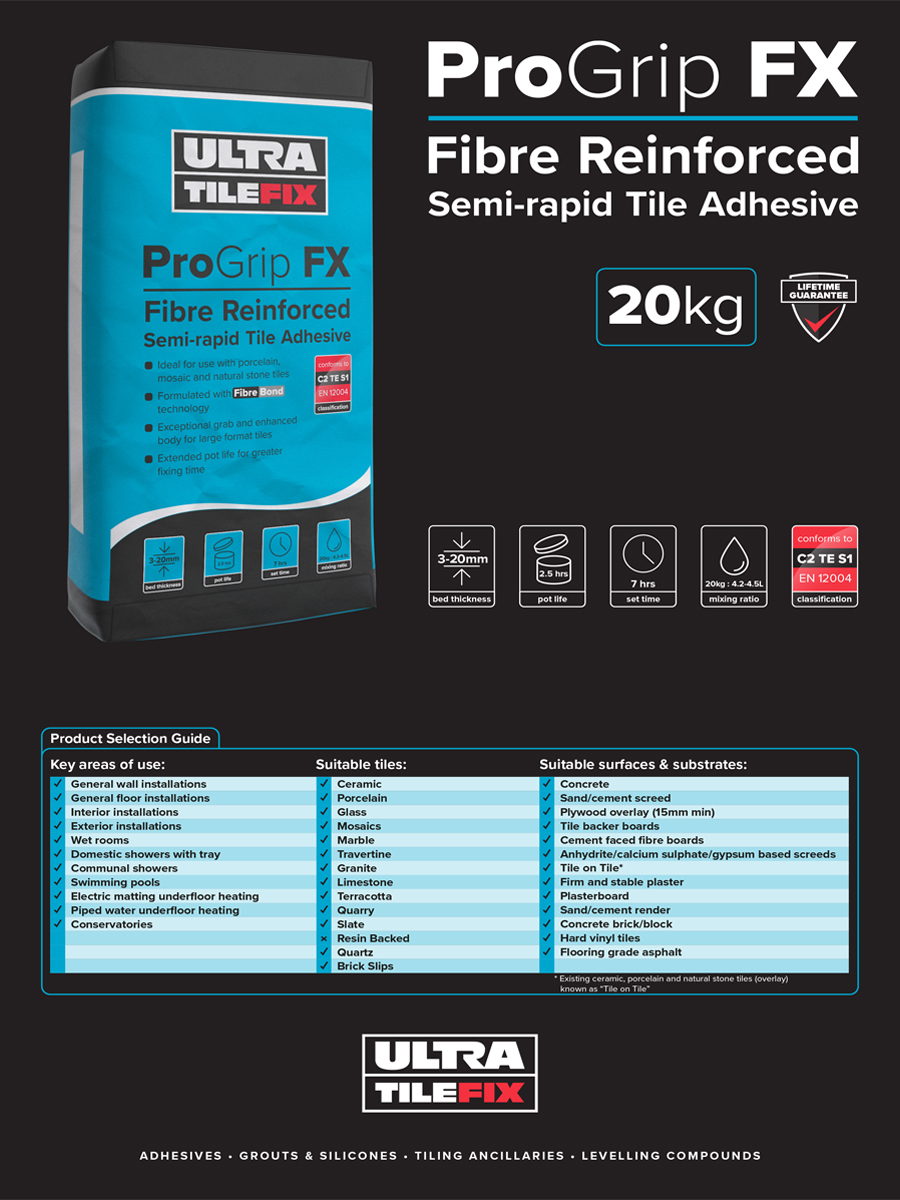 Ultra Tile Fix ProGrip FX Fibre Reinforced Semi-Rapid Flexible S1 Adhesive Grey 20kg