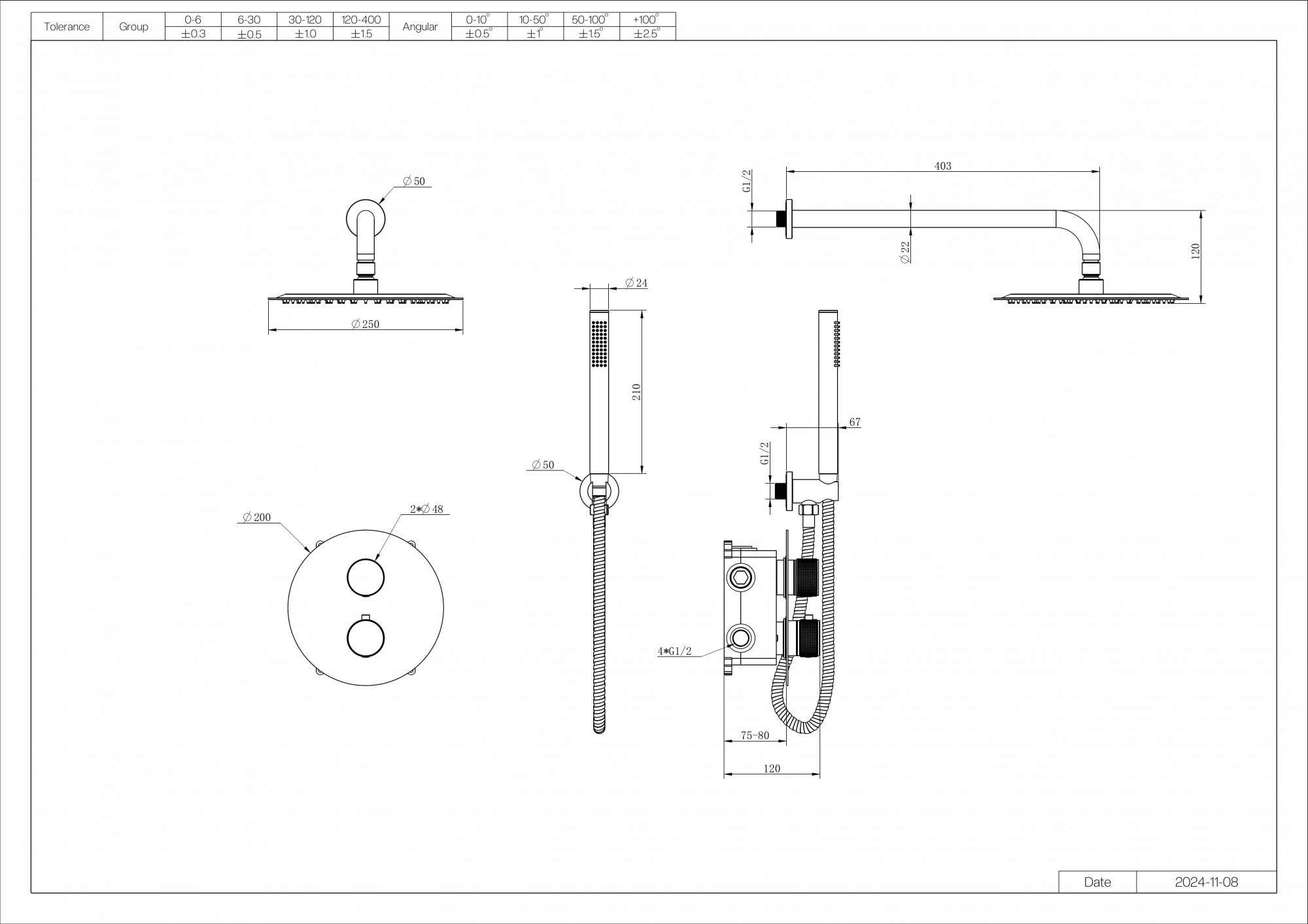 Amalfi Brush Gold Thermostatic Shower with Hand Held Shower Head