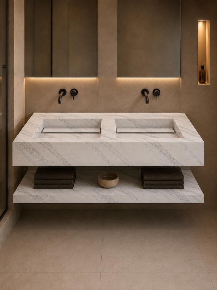 Arabescato marble effect double sink and shelf 1200mm