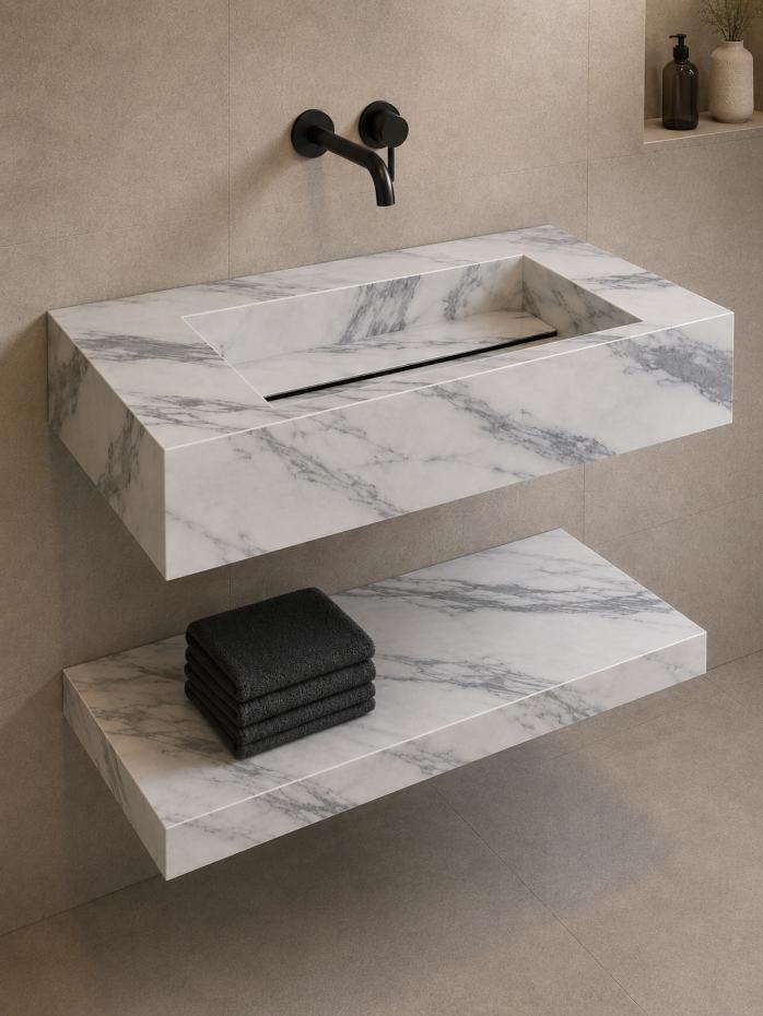 Arabescato marble effect porcelain sink and shelf 800mm