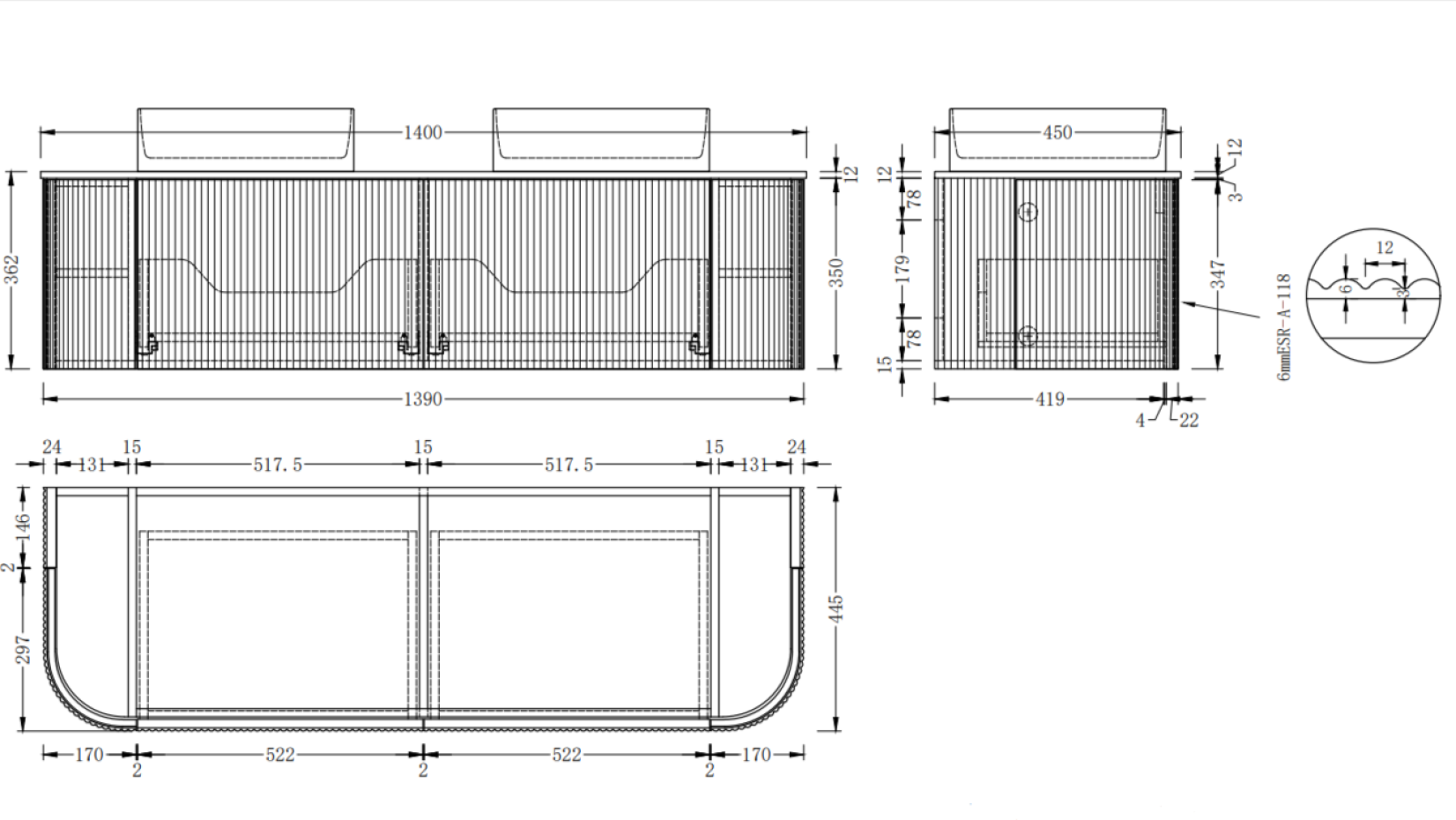 Bali Solid Wood Fluted Double Bathroom Vanity With Side Racks - 1400mm