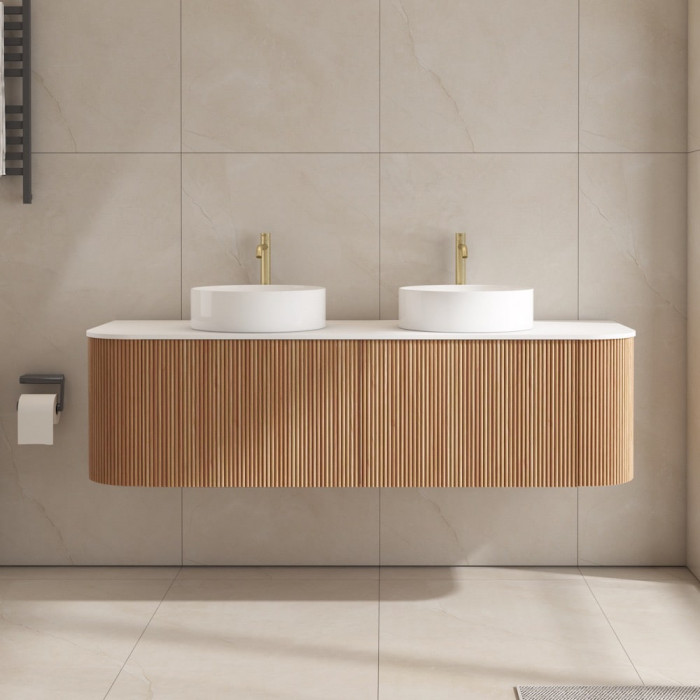 Bali Solid Wood Fluted Double Bathroom Vanity With Side Racks - 1400mm