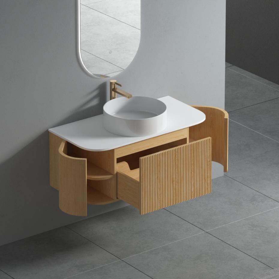 Bali Solid Wood Fluted Vanity with Drawer & Side Racks - 900mm