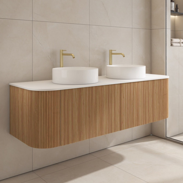 Bali Solid Wood Fluted Double Bathroom Vanity With Side Racks - 1400mm