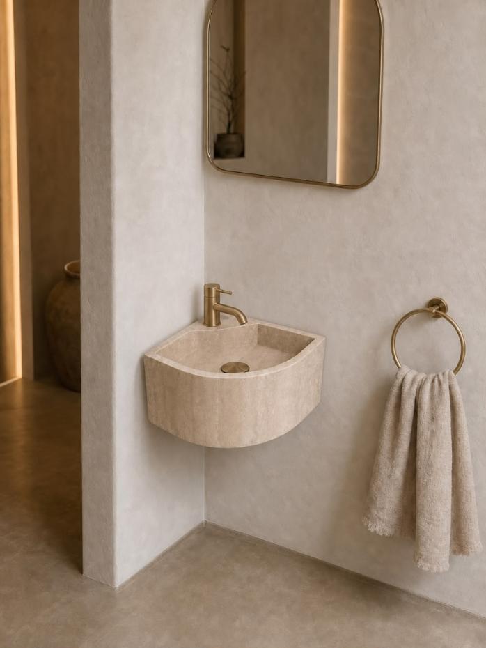 Beige Natural Travertine Corner Basin - 300mm