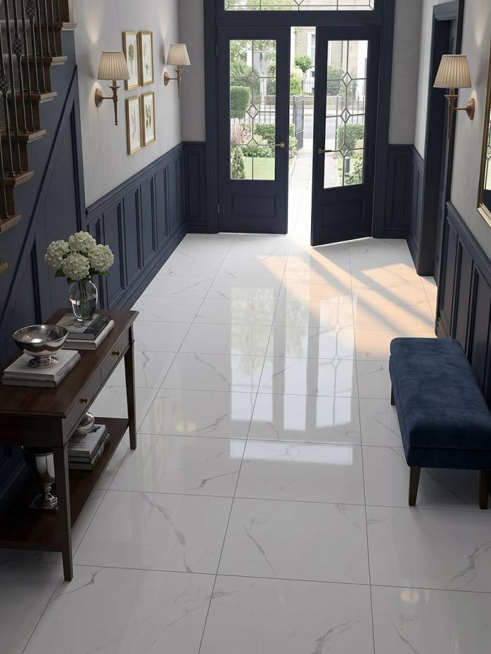 Bianco Marble Effect Polished Porcelain Tile - 600x600mm