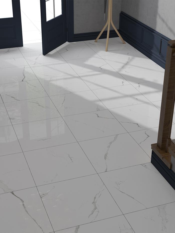 Bianco Marble Effect Polished Porcelain Tile - 600x600mm