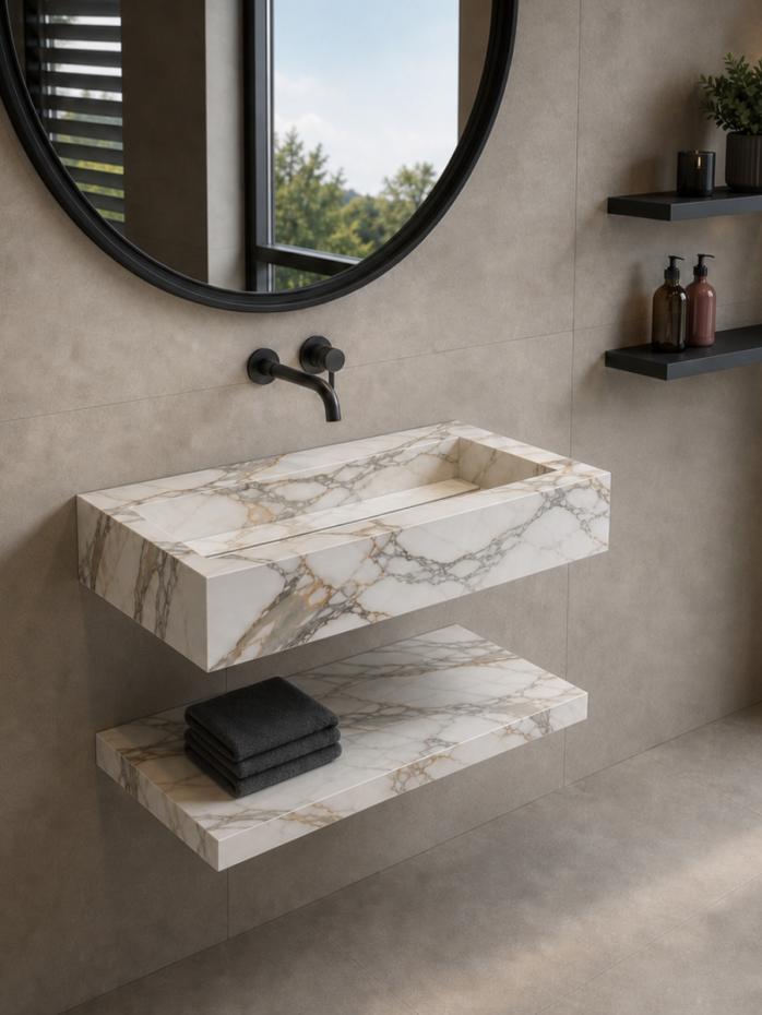 Calacatta Royal Marble Effect Porcelain Sink and Shelf - 600mm
