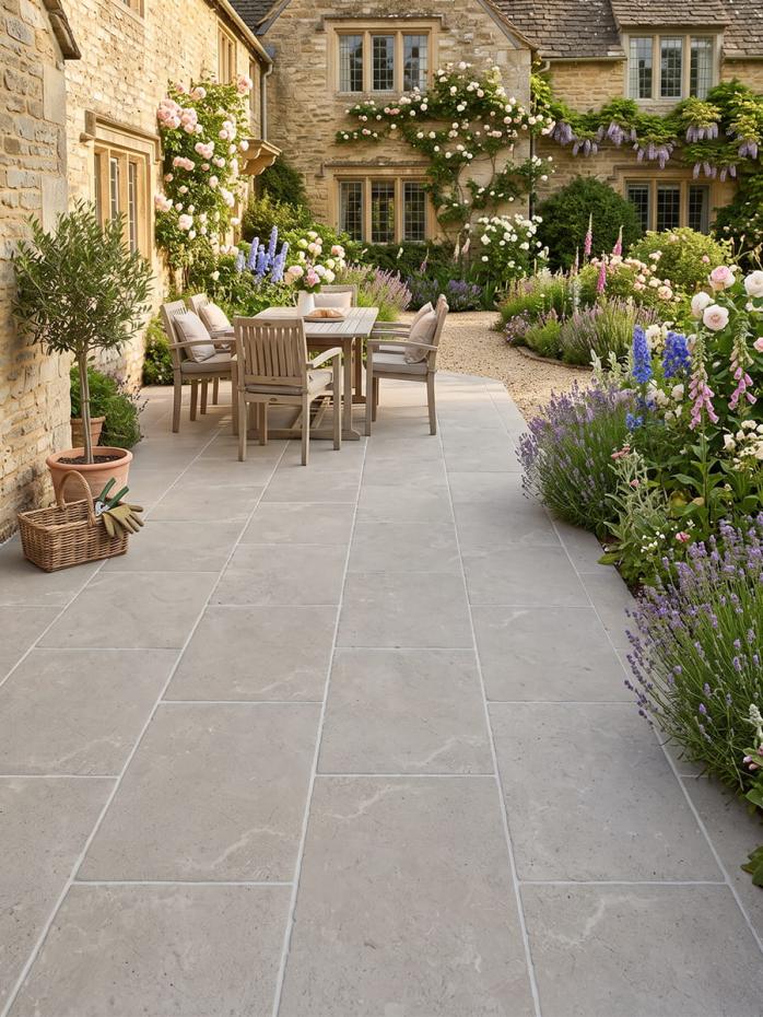 Cotswold Silver Tumbled Limestone-Effect Porcelain Paving - 910x610x20mm