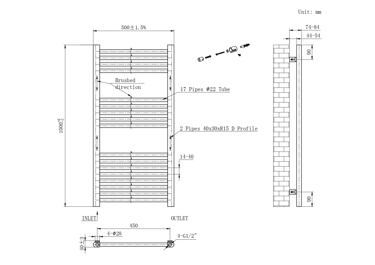 Manchester Gold Designer Towel Rail - 1000x500mm