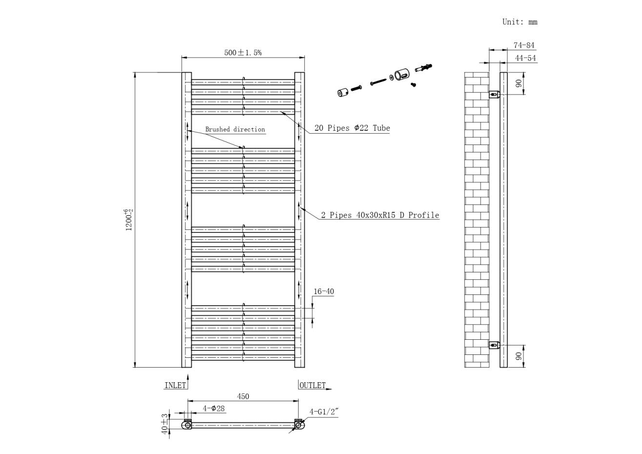 Manchester Gold Designer Towel Rail - 1200x500mm
