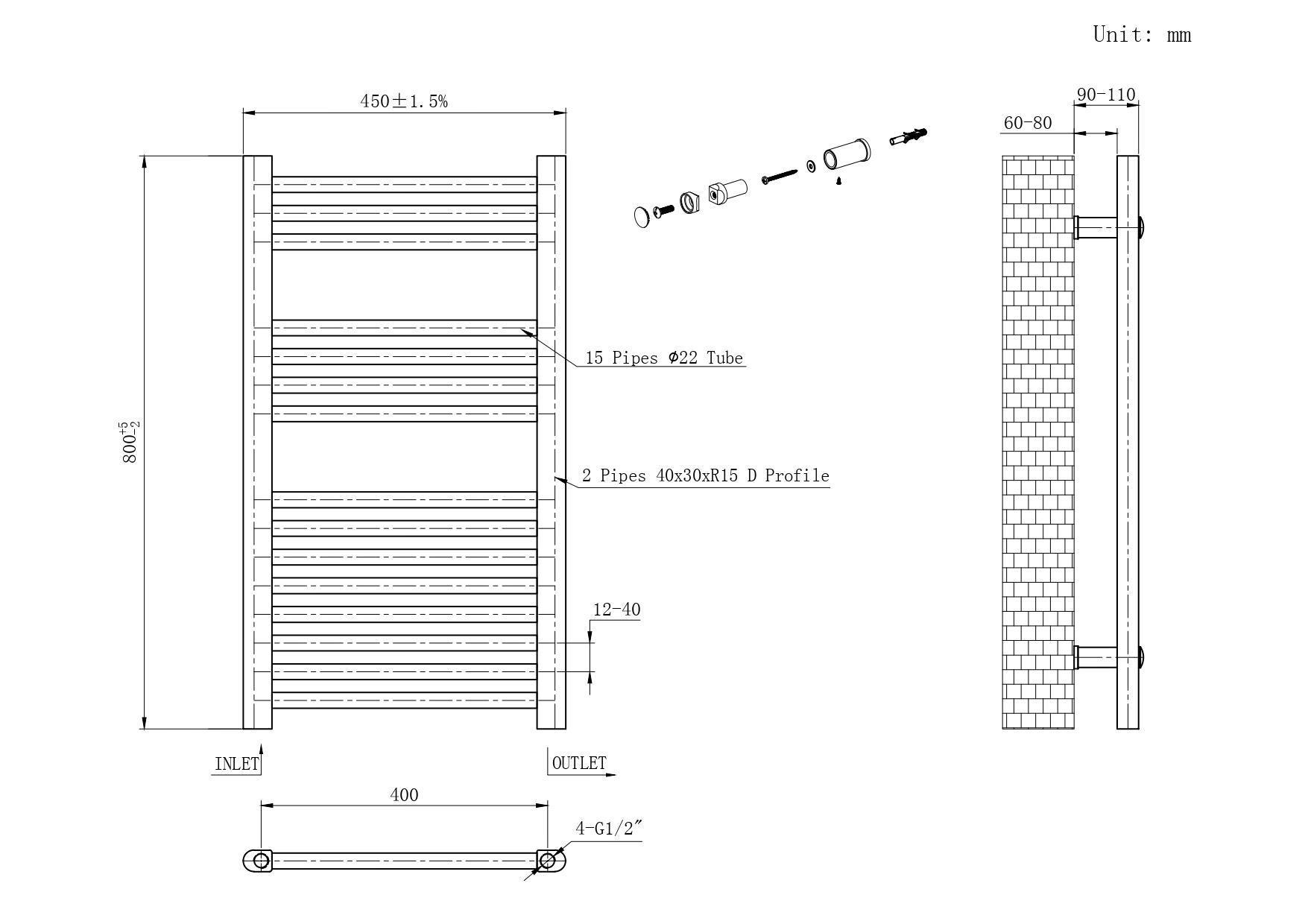 Manchester Gold Designer Towel Rail - 800x450mm