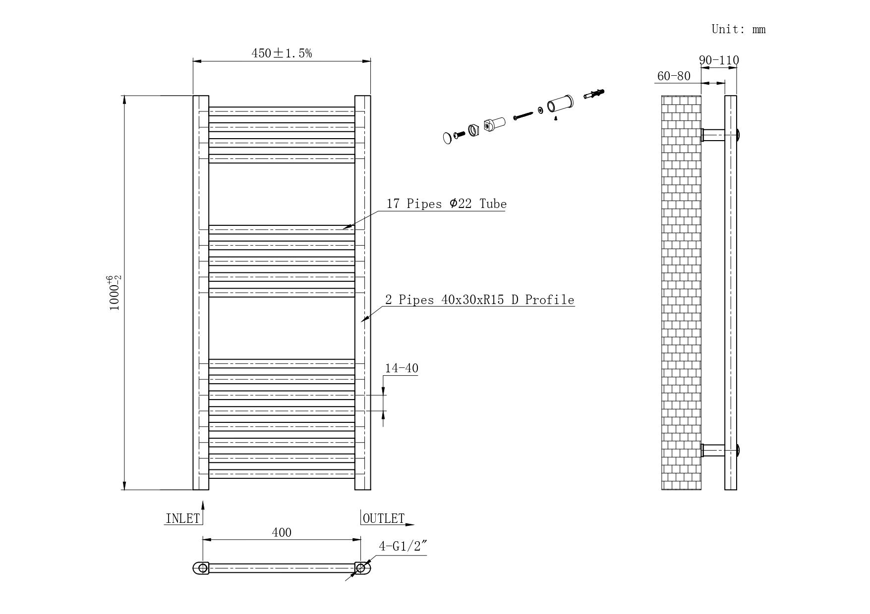 Manchester Chrome Designer Towel Rail - 1000x450mm
