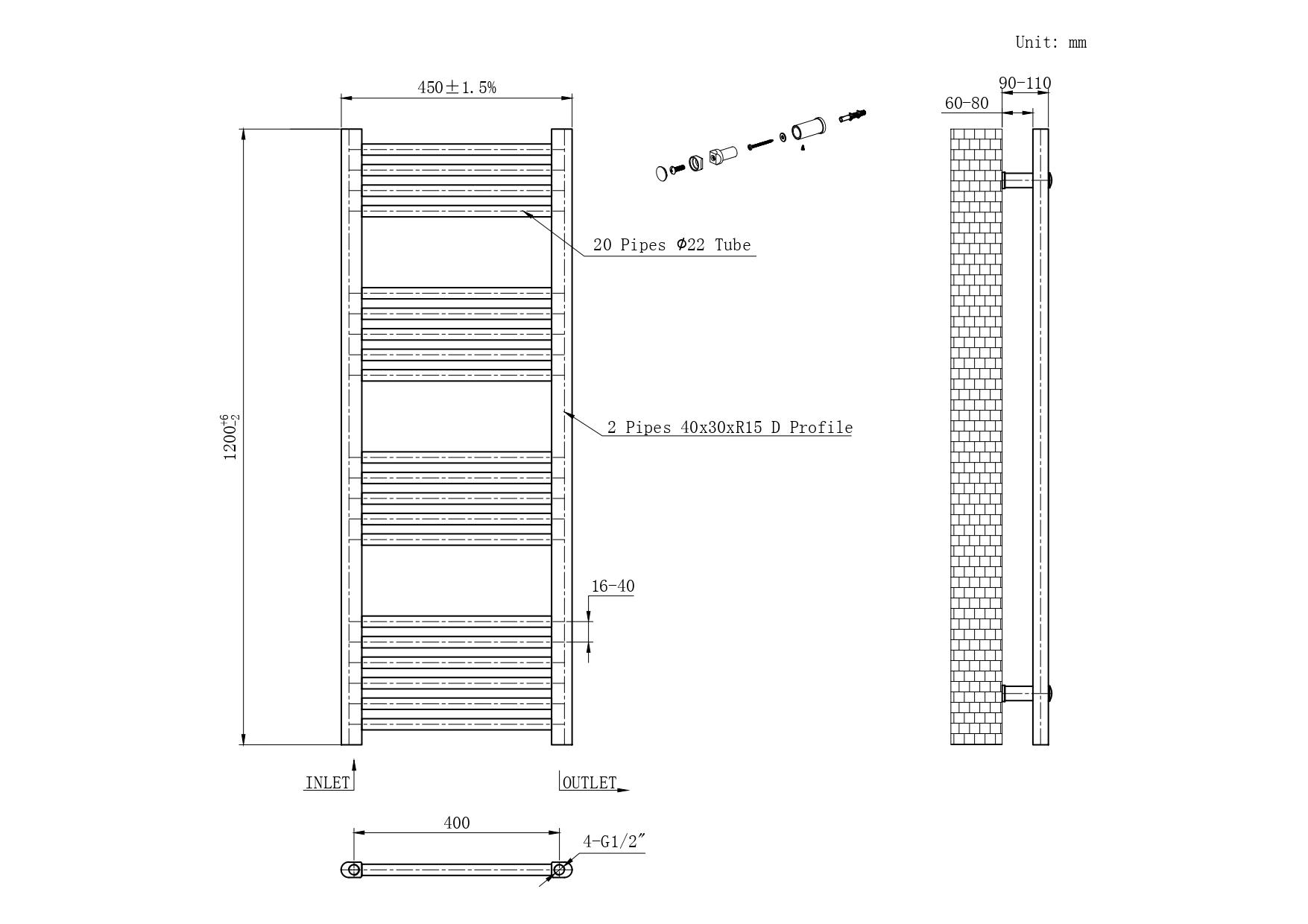 Manchester Chrome Designer Towel Rail - 1200x450mm