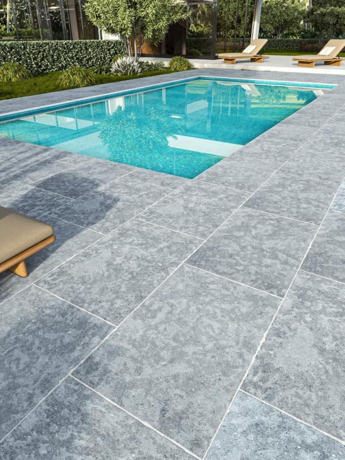 Dijon Grey Limestone Effect Chiselled Porcelain Paving Slabs - 900x600x20mm
