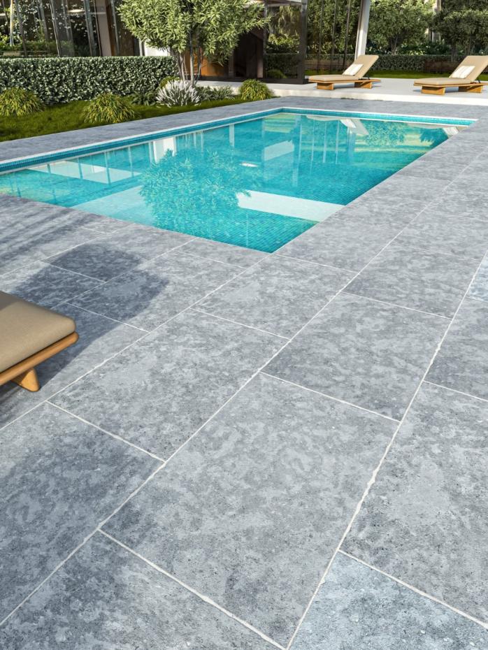 Dijon Grey Limestone Effect Chiselled Porcelain Paving Slabs - 900x600x20mm