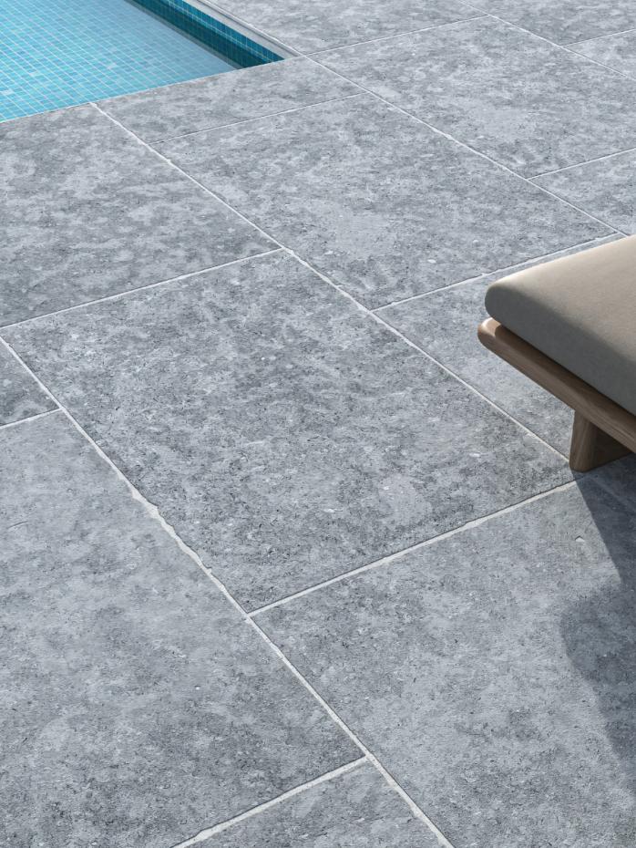 Dijon Grey Limestone Effect Chiselled Porcelain Paving Slabs - 900x600x20mm