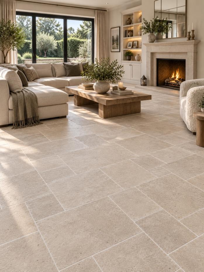 Dijon honed and tumbled modular pattern limestone tiles