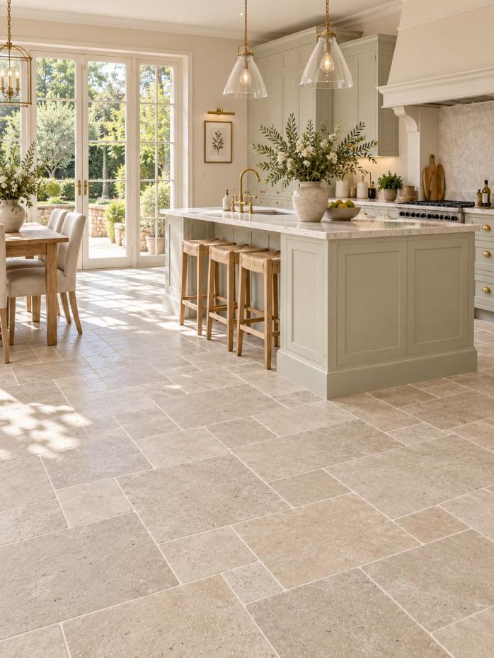 Beige Dijon limestone tiles with natural texture and tumbled edges