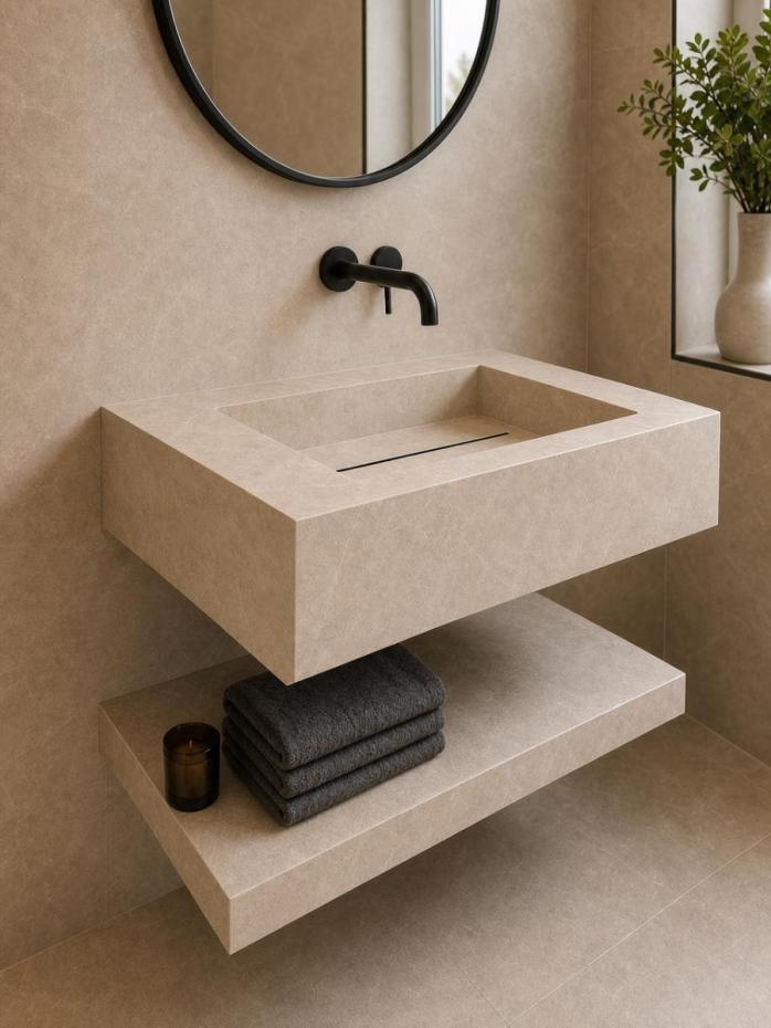 Dome Bone Marble Effect Porcelain Sink and Shelf - 600mm