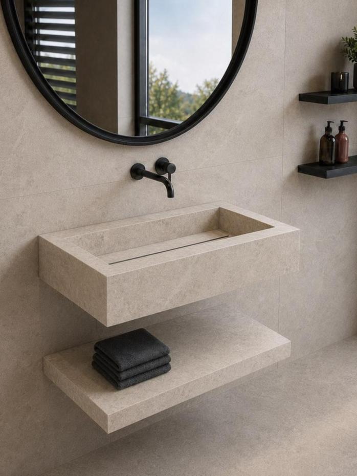 Dome Bone Marble Effect Porcelain Sink and Shelf - 800mm