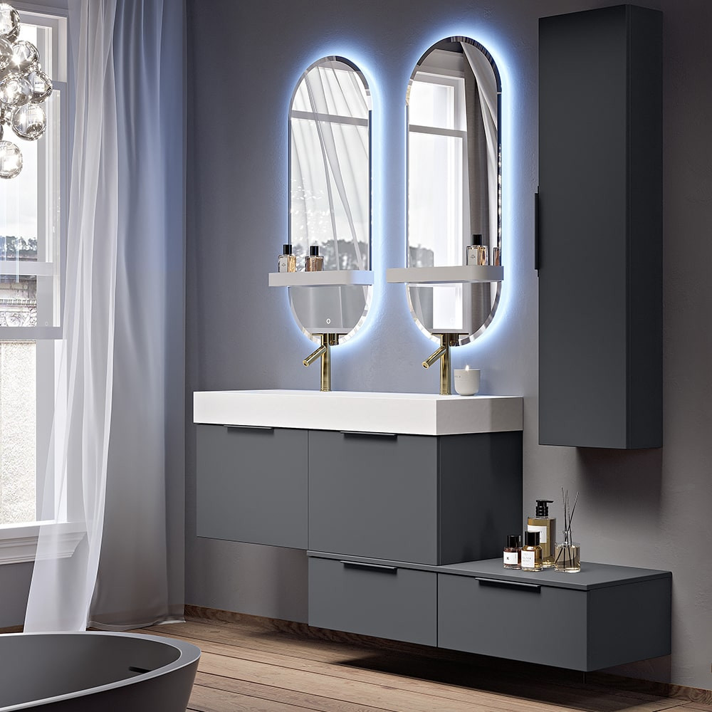 Florence Italian Vanity Unit With Stone Basin & LED Mirrors (MATT GRAPHITE 1200MM)