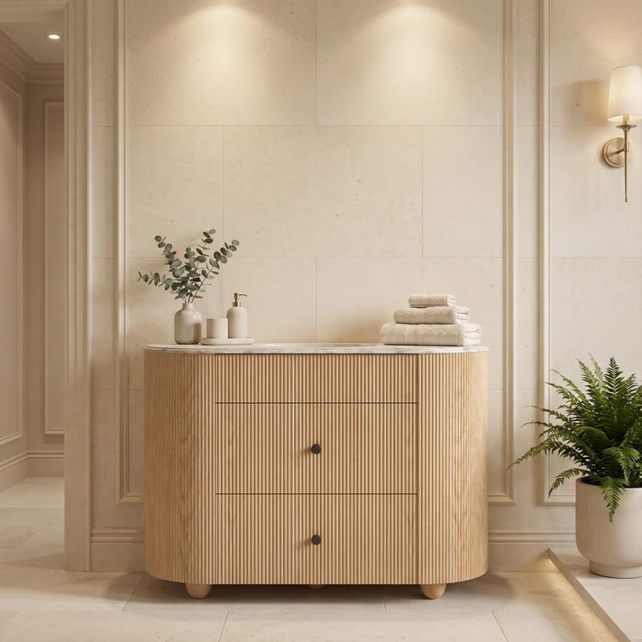 Soul White Carrera Marble Top & Solid Wood Freestanding Vanity Unit - 1200mm