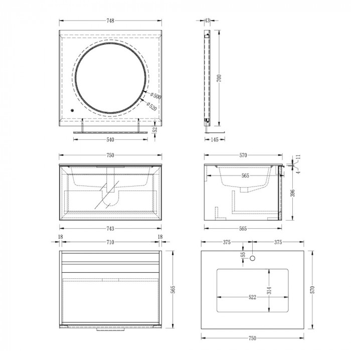 Florence Glass Drawer Vanity With Metal Shelf & Sensor Light - 750mm