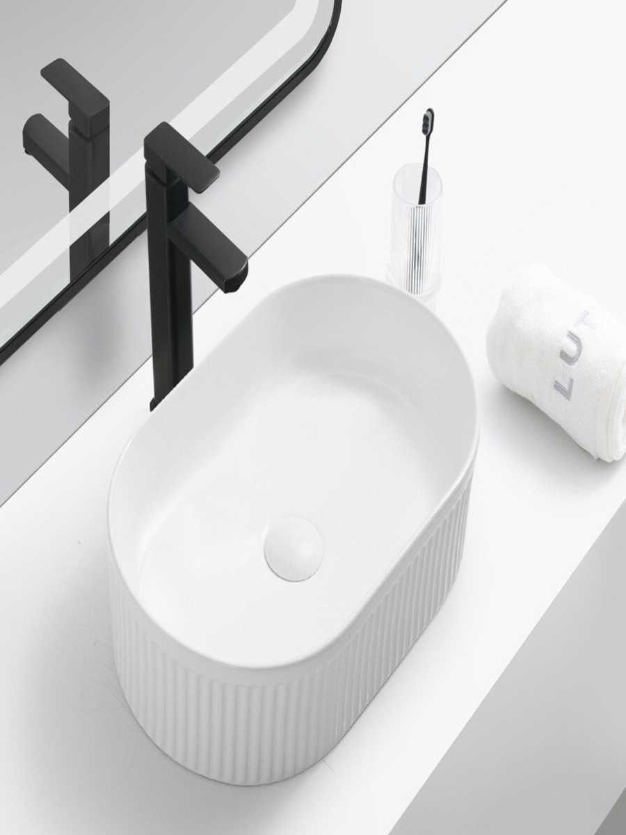 Matt White Fluted Oval Ceramic Basin - 490x310x130mm