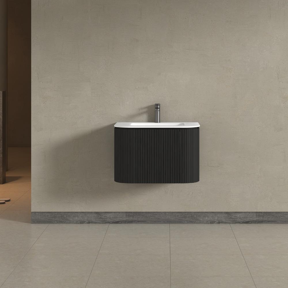 Kensington Black Wall Hung Rectangular Basin Fluted Bathroom Vanity Unit With Side Cabinets 750mm