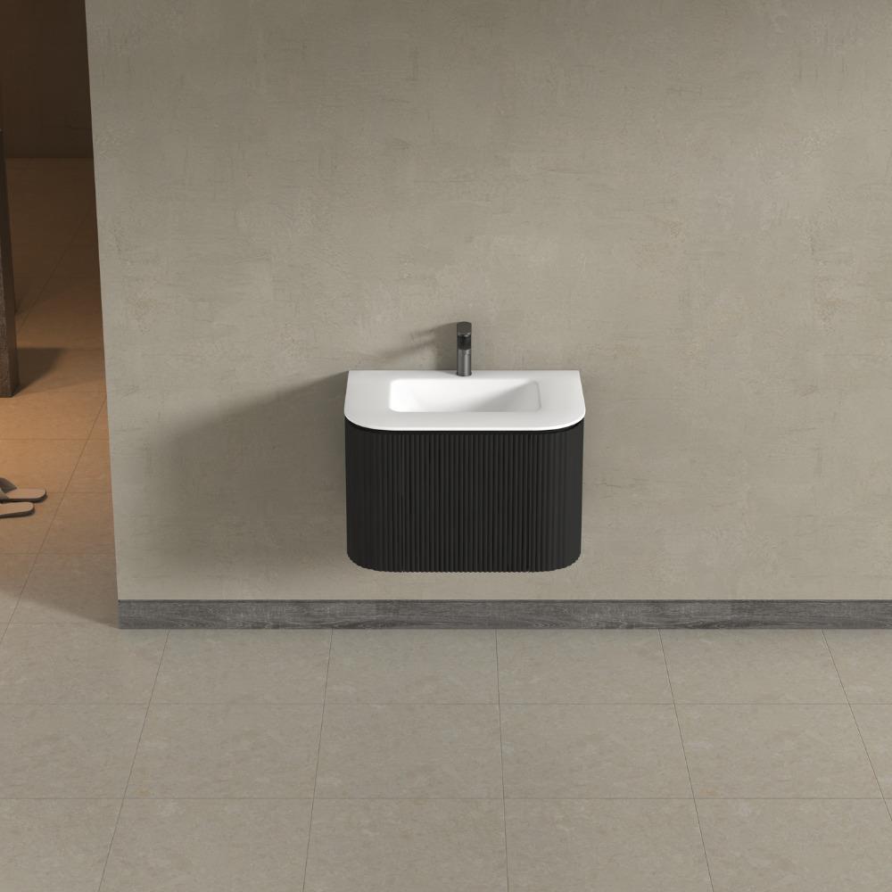 Kensington Black Wall Hung Rectangular Basin Fluted Bathroom Vanity Unit With Side Cabinets 750mm