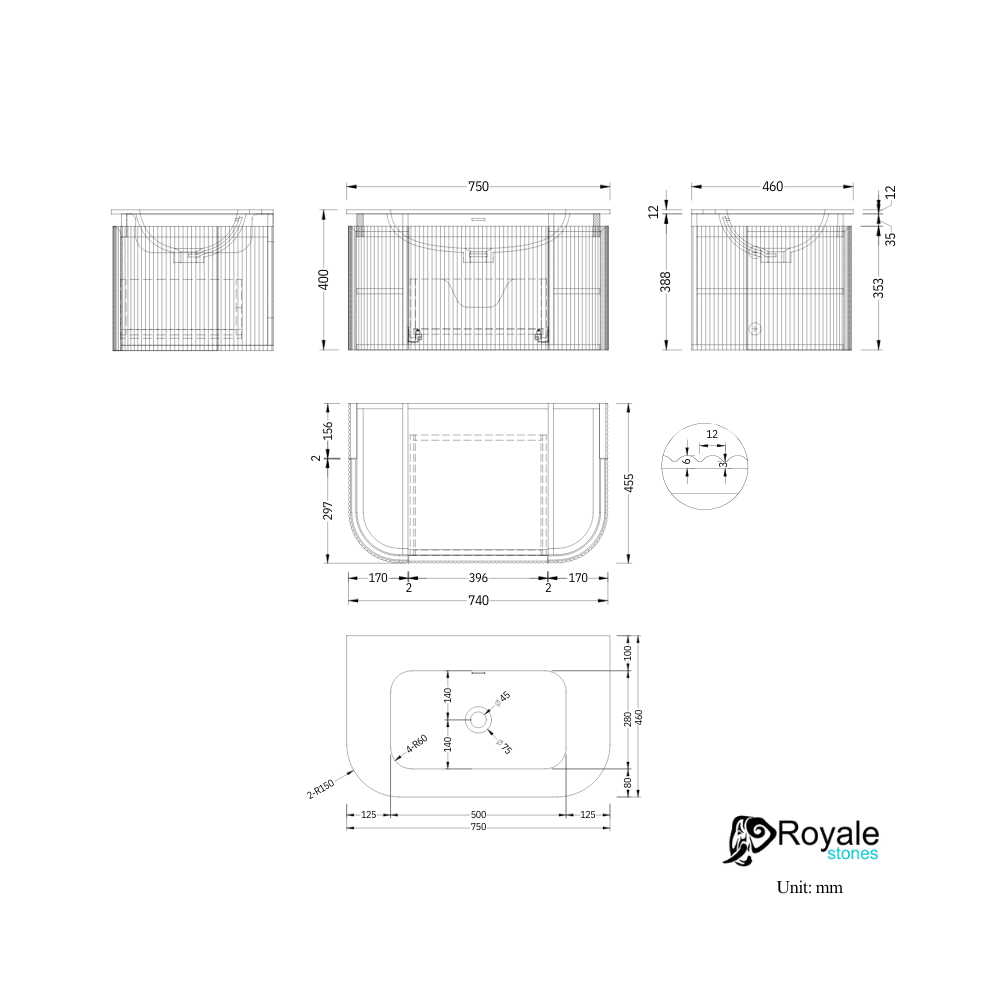 Kensington Black Wall Hung Rectangular Basin Fluted Bathroom Vanity Unit With Side Cabinets 750mm