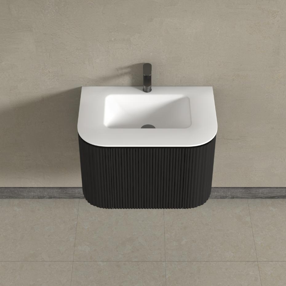 Kensington Black Wall Hung Rectangular Basin Fluted Bathroom Vanity Unit - 750mm