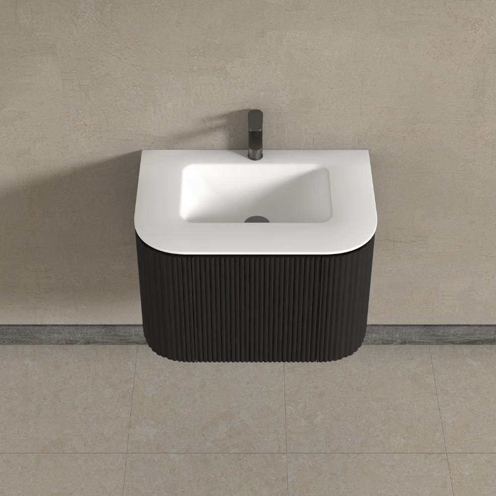 Kensington Black Wall Hung Rectangular Basin Fluted Bathroom Vanity Unit With Side Cabinets 750mm