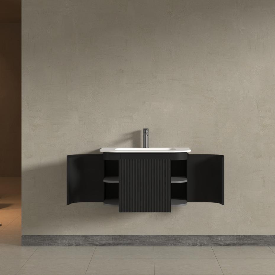 Kensington Black Wall Hung Rectangular Basin Fluted Bathroom Vanity Unit - 750mm