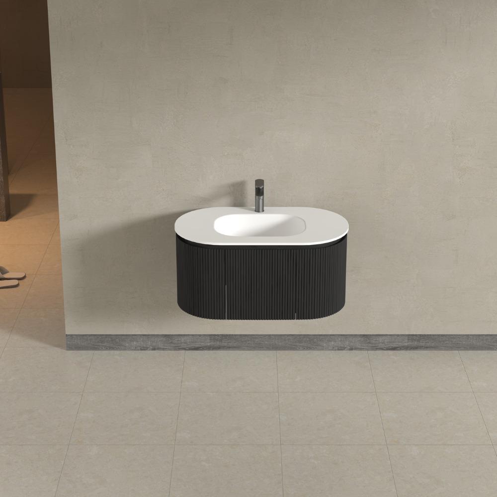 Kensington Black Wall Mounted Oval Basin Fluted Bathroom Vanity Unit With Side Cabinets 900mm