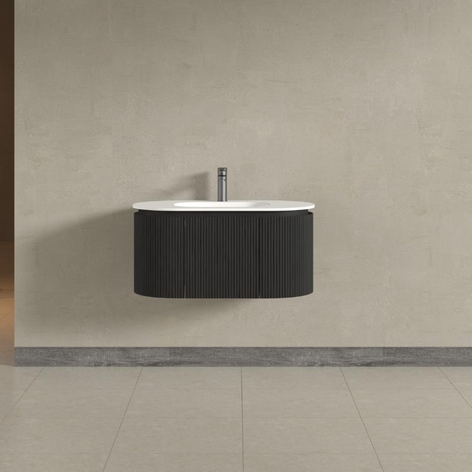 Kensington Black Wall Mounted Oval Basin Fluted Bathroom Vanity Unit - 900mm