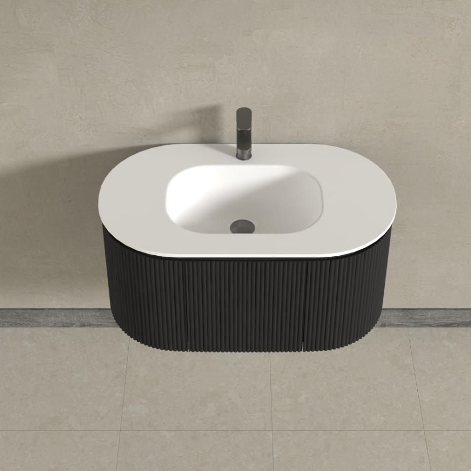 Kensington Black Wall Mounted Oval Basin Fluted Bathroom Vanity Unit - 900mm