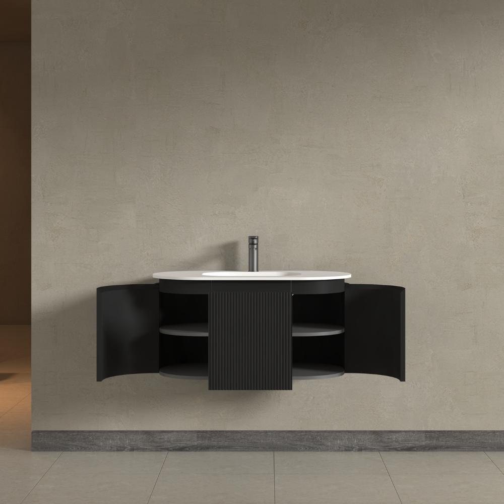 Kensington Black Wall Mounted Oval Basin Fluted Bathroom Vanity Unit With Side Cabinets 900mm