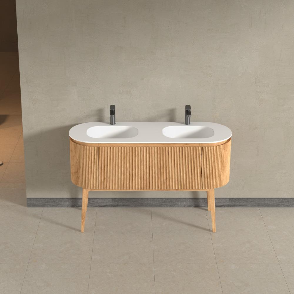 Kensington Solid Wood Floor Standing Dual Oval Basin Fluted Bathroom Vanity Unit With Side Cabinets 1400mm