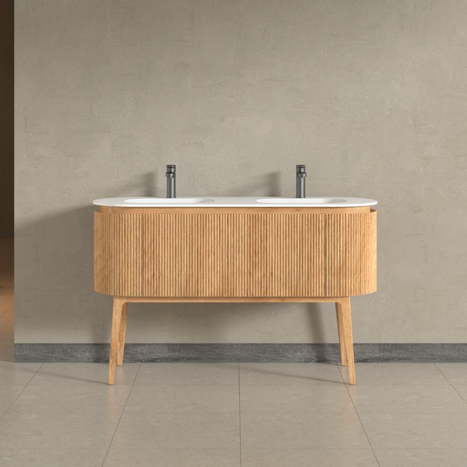 Kensington Solid Wood Floor Standing Dual Oval Basin Fluted Bathroom Vanity Unit - 1400mm