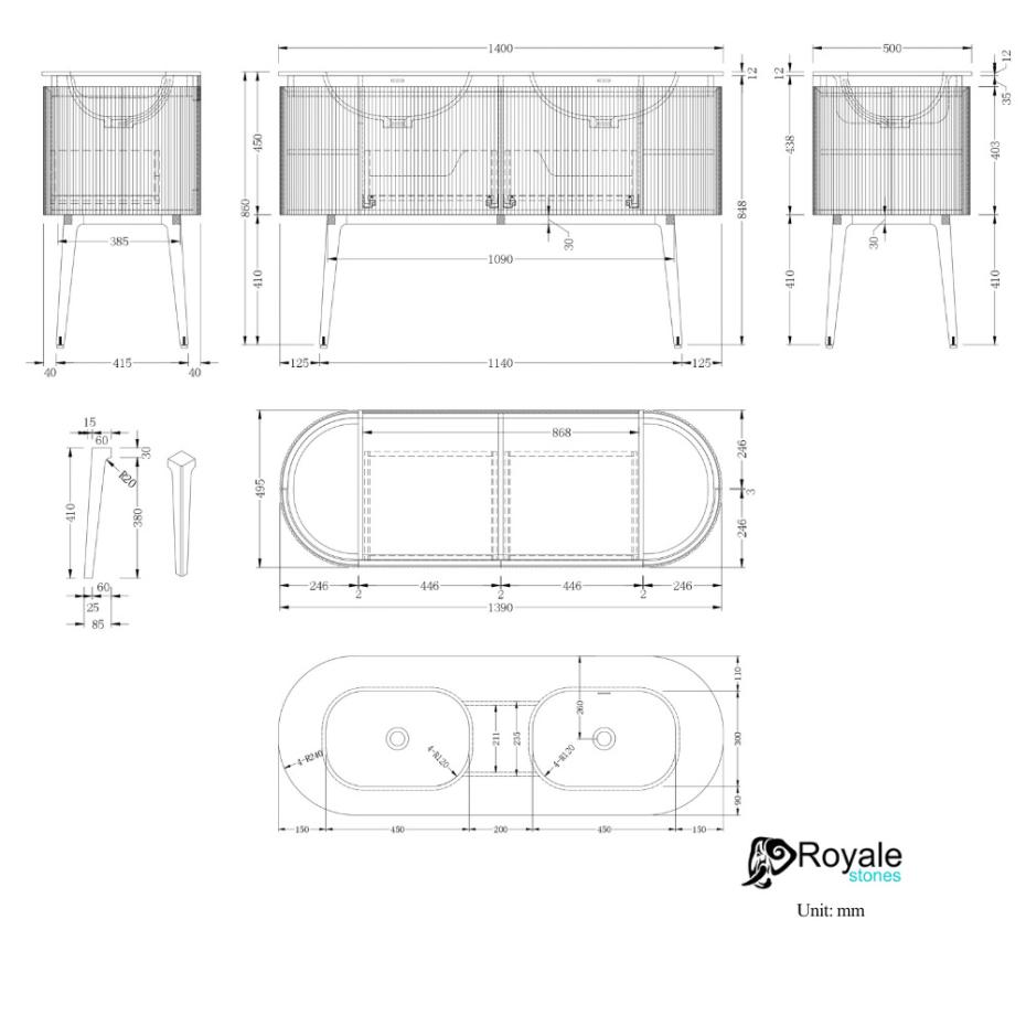Kensington Solid Wood Floor Standing Dual Oval Basin Fluted Bathroom Vanity Unit - 1400mm