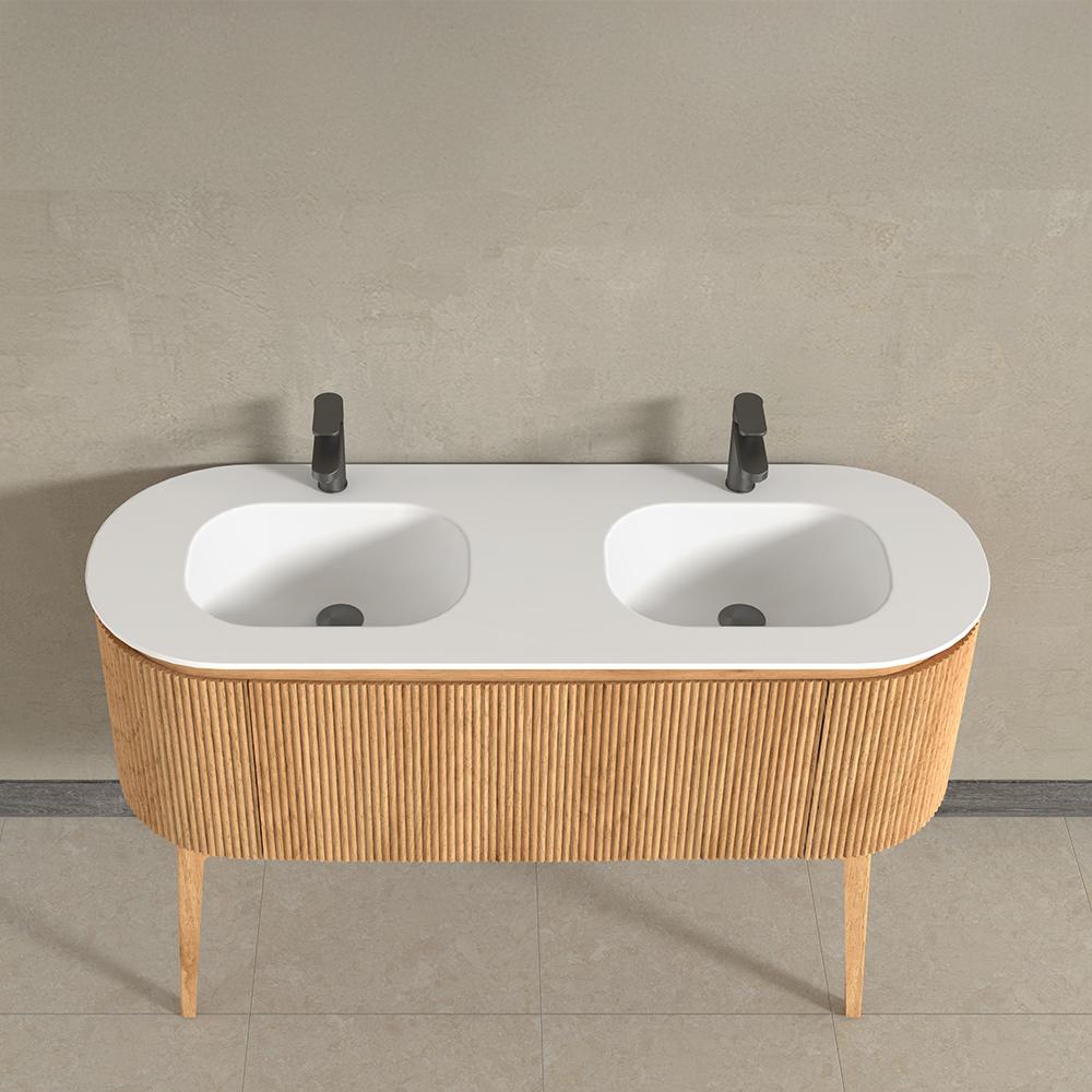 Kensington Solid Wood Floor Standing Dual Oval Basin Fluted Bathroom Vanity Unit With Side Cabinets 1400mm