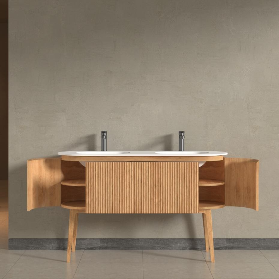 Kensington Solid Wood Floor Standing Dual Oval Basin Fluted Bathroom Vanity Unit - 1400mm